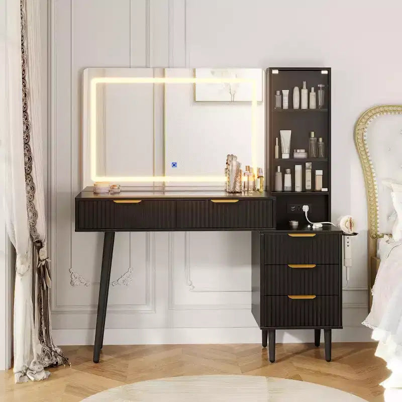 48 Fluted Makeup Vanity Desk with 3-Mode Lights Mirror, Makeup Vanity Glass Top & Power Outlet - Modern Dressing Table for Bedroom