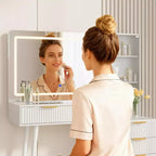 48 Fluted Makeup Vanity Desk with 3-Mode Lights Mirror, Makeup Vanity Glass Top & Power Outlet - Modern Dressing Table for Bedroom