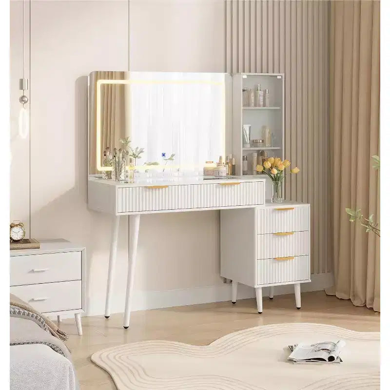 48 Fluted Makeup Vanity Desk with 3-Mode Lights Mirror, Makeup Vanity Glass Top & Power Outlet - Modern Dressing Table for Bedroom