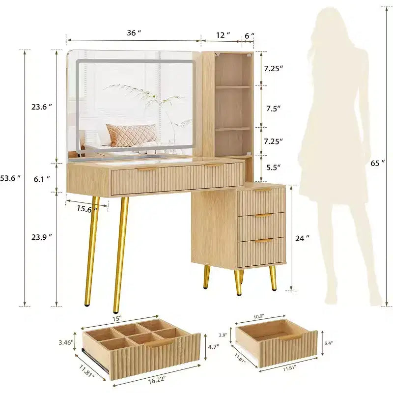 48 Fluted Makeup Vanity Desk with 3-Mode Lights Mirror, Makeup Vanity Glass Top & Power Outlet - Modern Dressing Table for Bedroom