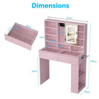 Fehér, 2 fiókos, 3 rekeszes, bal-jobb elrendezésű, 3 szintes polcos fésülködőasztal üveg asztallappal és oldalsó paneles tárolóval
