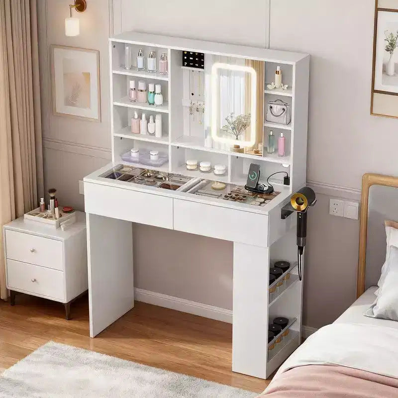 White 2-drawer 3-compartment Left-right 3-tier Shelf, Glass Tabletop, Side Panel Storage Style Dressing Table