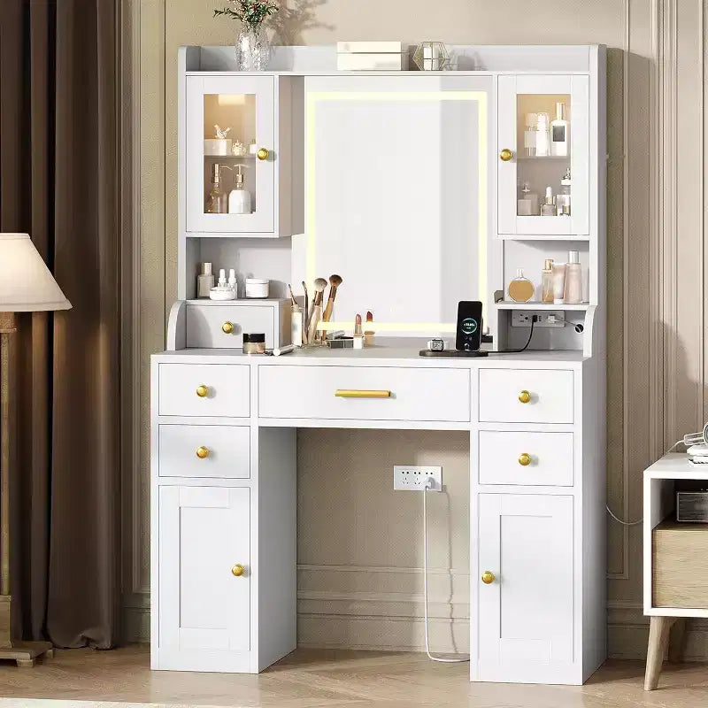 Vanity with Mirror, Lighting, and Charging Station - Large Makeup Set Featuring RGB Lighted Cabinet and 3 LED Lighting Modes