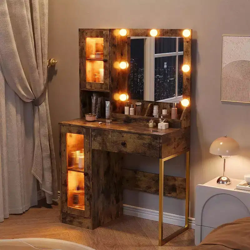 Escritorio de tocador GustoWave, mesa de maquillaje con espejo, tomas de corriente y puertos USB integrados