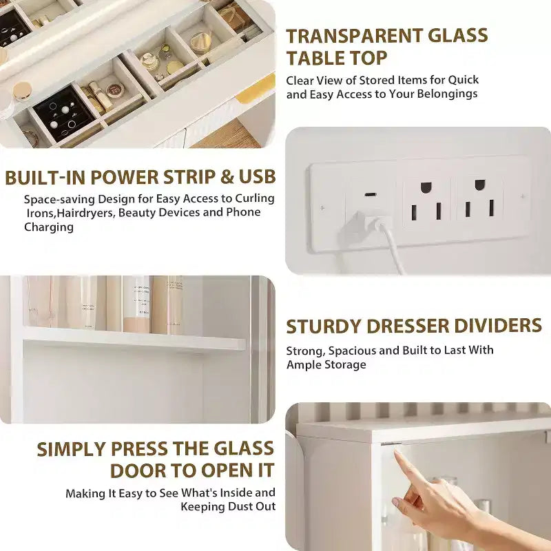 Scrivania da toeletta GustoWave con 5 cassetti, tavolo da trucco con stazione di ricarica USB integrata