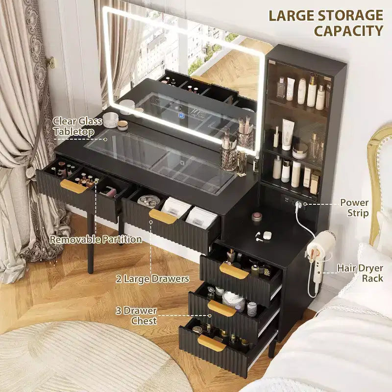 Scrivania da toeletta GustoWave con 5 cassetti, tavolo da trucco con stazione di ricarica USB integrata
