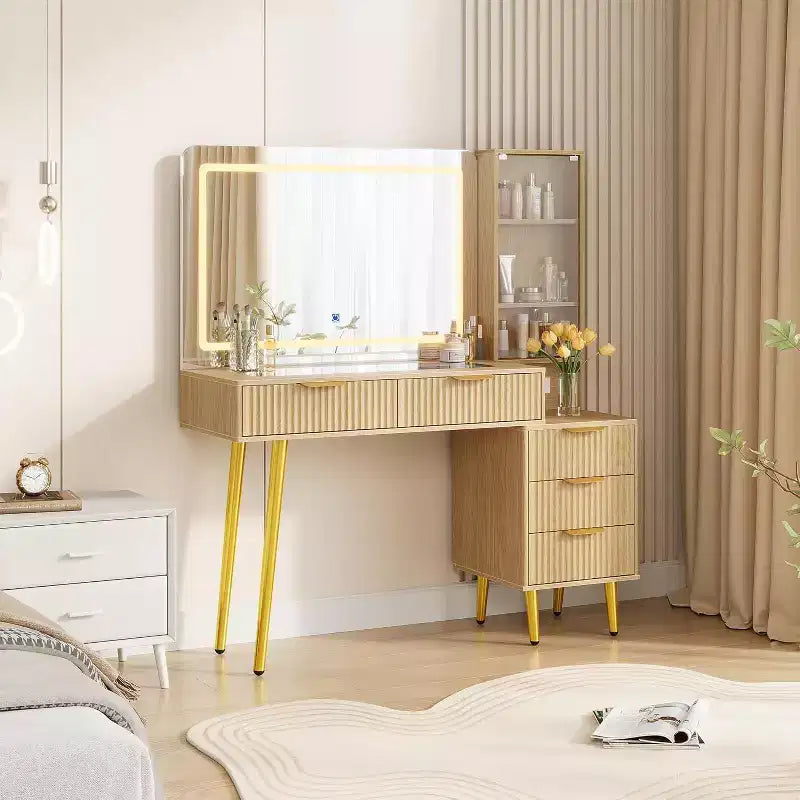 Scrivania da toeletta GustoWave con 5 cassetti, tavolo da trucco con stazione di ricarica USB integrata