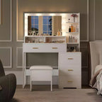 Makeup Vanity Desk with Mirror and 9 LED Light Bulbs, Vanity Dressing Table with Storage Drawers, Open Shelves for Bedroom
