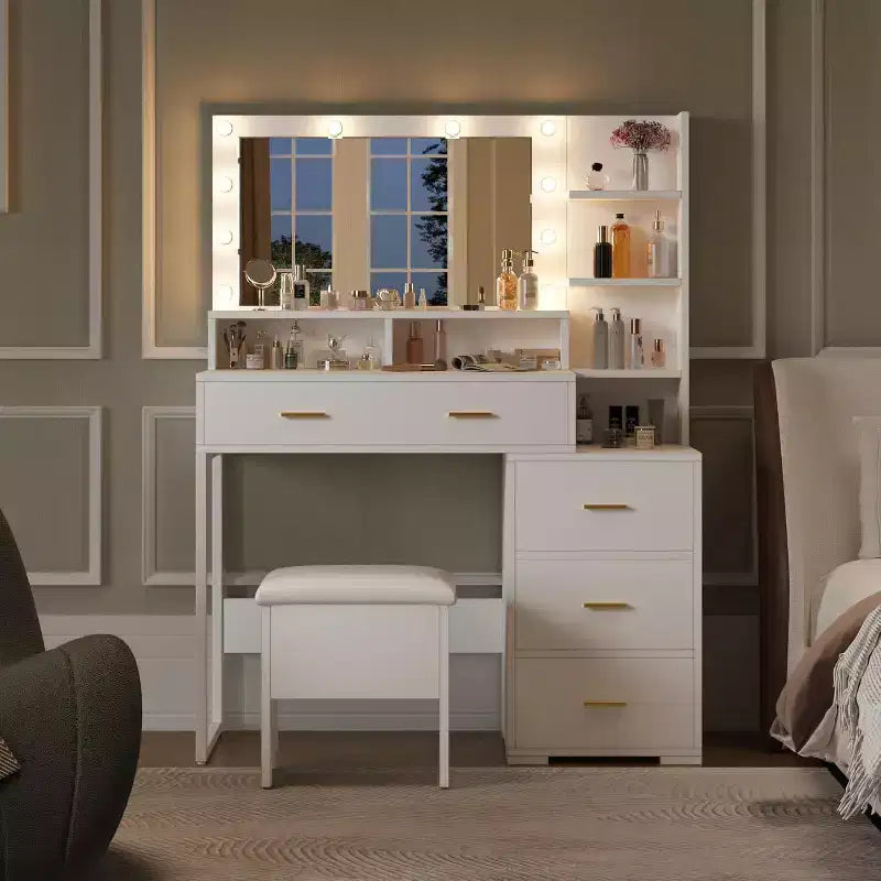 Makeup Vanity Desk with Mirror and 9 LED Light Bulbs, Vanity Dressing Table with Storage Drawers, Open Shelves for Bedroom