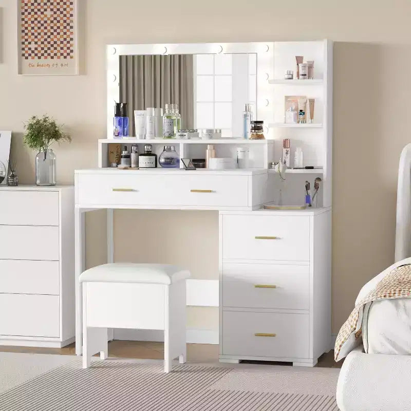 Make-uptafel met spiegel en 9 ledlampen, kaptafel met opbergladen en open planken voor de slaapkamer