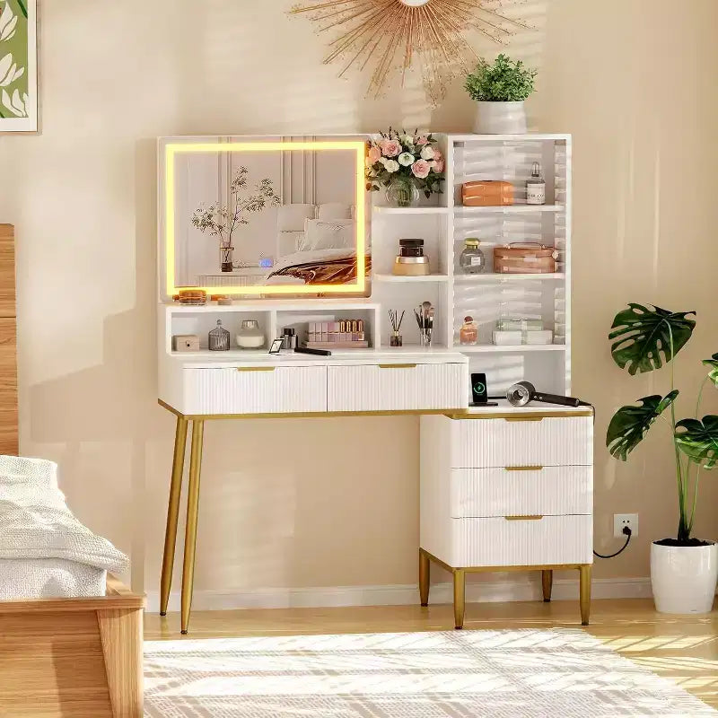 Modern Vanity Desk with LED Mirror & Outlets, 5-Drawer Dressing Table with Tempered Glass Top & Storage Shelf for Bedroom, White