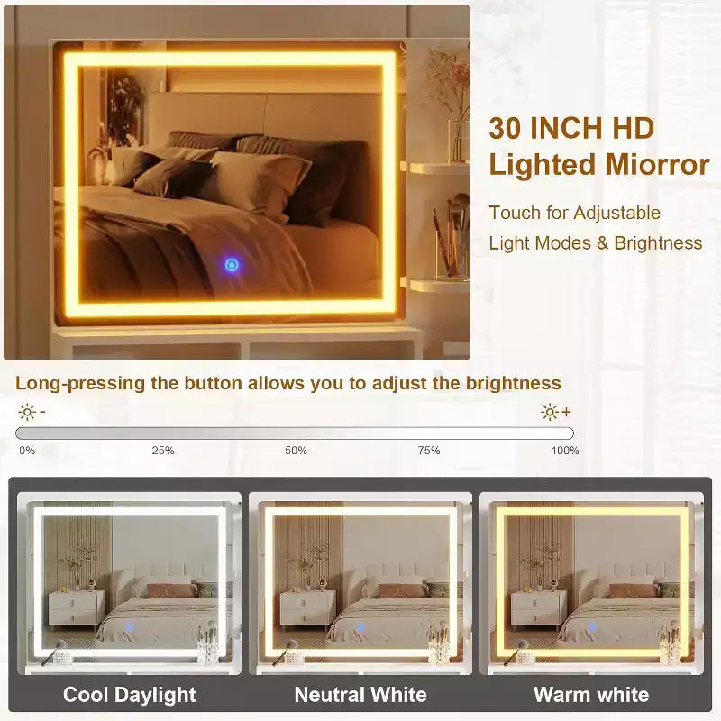 Modern fésülködőasztal LED-tükörrel és konnektorokkal, 5 fiókos öltözőasztal edzett üveg asztallappal és tárolópolccal hálószobába, fehér
