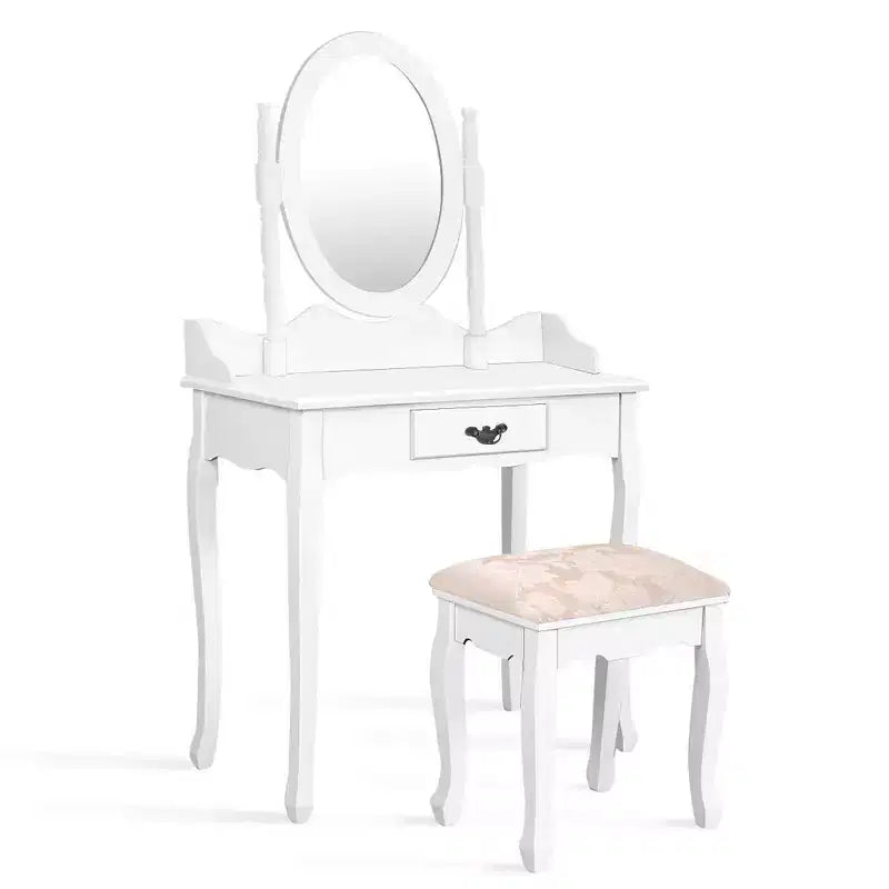 Costway Bathroom Vanity Wood Makeup Dressing Table Stool Set Jewelry Desk W/Drawer &Mirror White