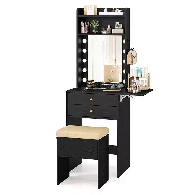 Costway Vanity Desk Set w/ Mirror and Lights 3-Color Lighted Mirror Cushioned Stool Black
