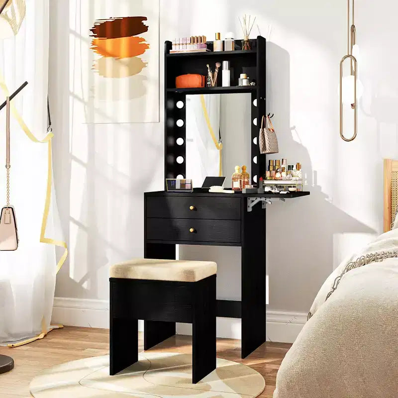Set da toeletta Costway con specchio e luci, specchio illuminato a 3 colori e sgabello imbottito, nero