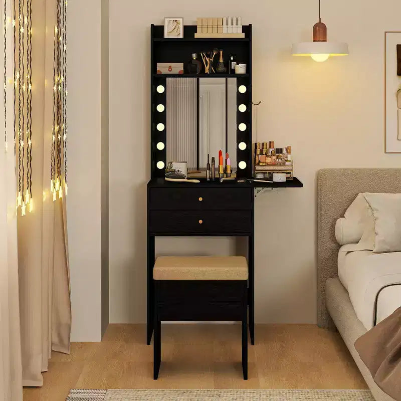 Set da toeletta Costway con specchio e luci, specchio illuminato a 3 colori e sgabello imbottito, nero