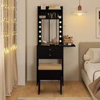 Set da toeletta Costway con specchio e luci, specchio illuminato a 3 colori e sgabello imbottito, nero