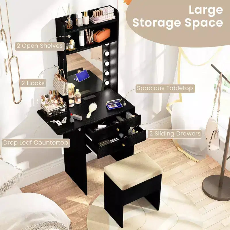 Set da toeletta Costway con specchio e luci, specchio illuminato a 3 colori e sgabello imbottito, nero