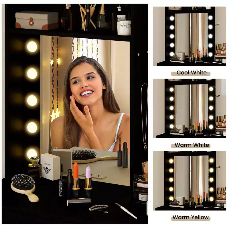 Set da toeletta Costway con specchio e luci, specchio illuminato a 3 colori e sgabello imbottito, nero
