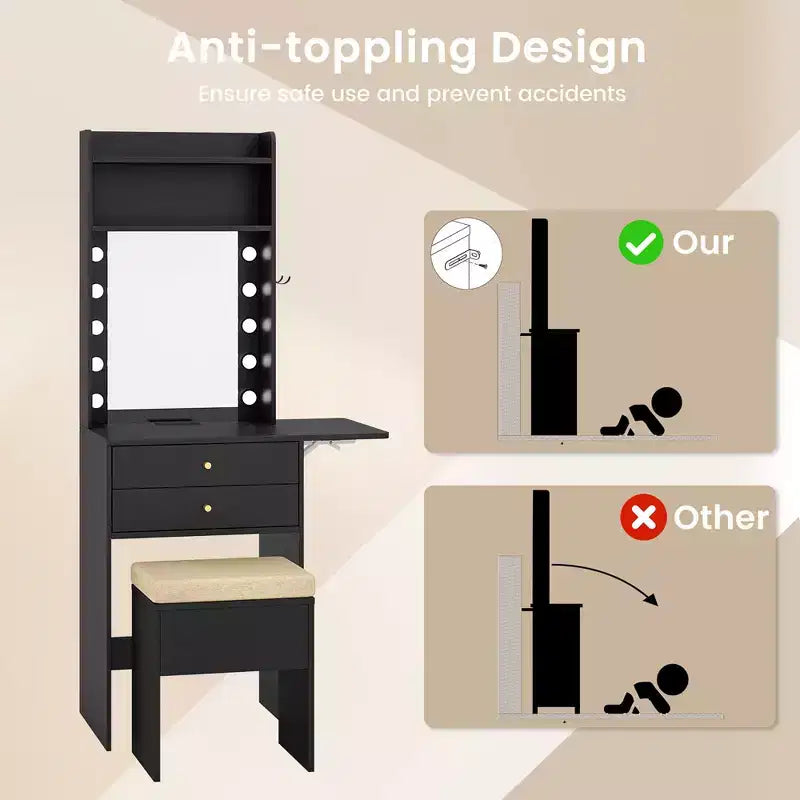Set da toeletta Costway con specchio e luci, specchio illuminato a 3 colori e sgabello imbottito, nero