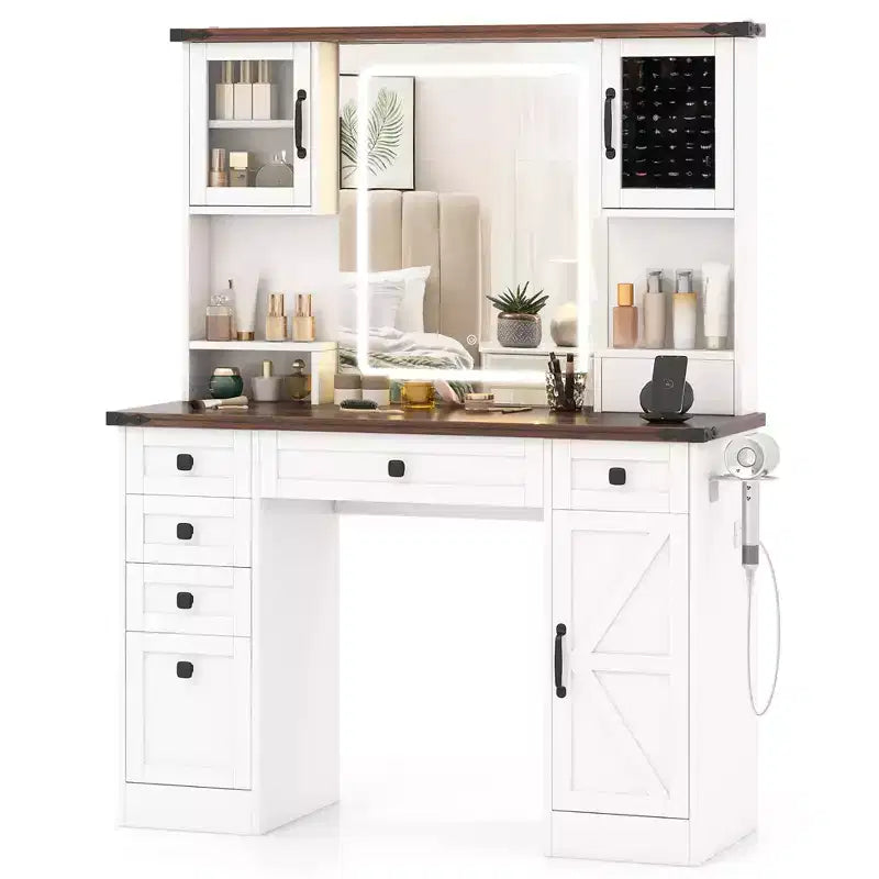 Costway Farmhouse Vanity Desk w/ Lighted Mirror Makeup Vanity Table w/ 3 Doors