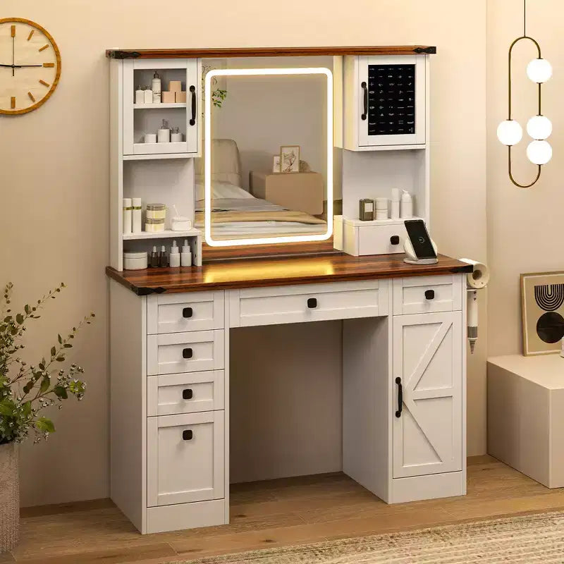 Costway toilettafel in landelijke stijl met spiegel met verlichting, make-uptafel met 3 deuren