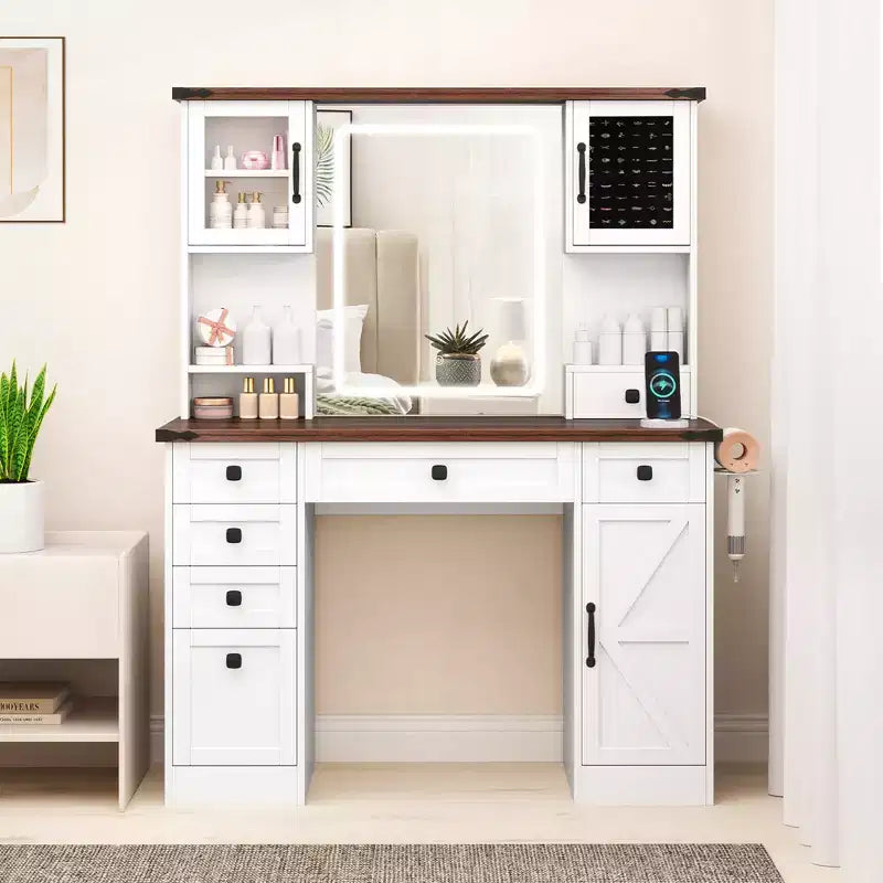 Costway toilettafel in landelijke stijl met spiegel met verlichting, make-uptafel met 3 deuren