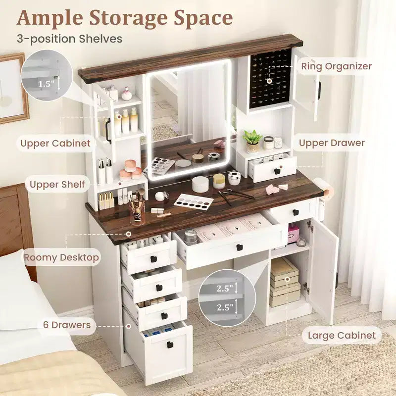Costway toilettafel in landelijke stijl met spiegel met verlichting, make-uptafel met 3 deuren