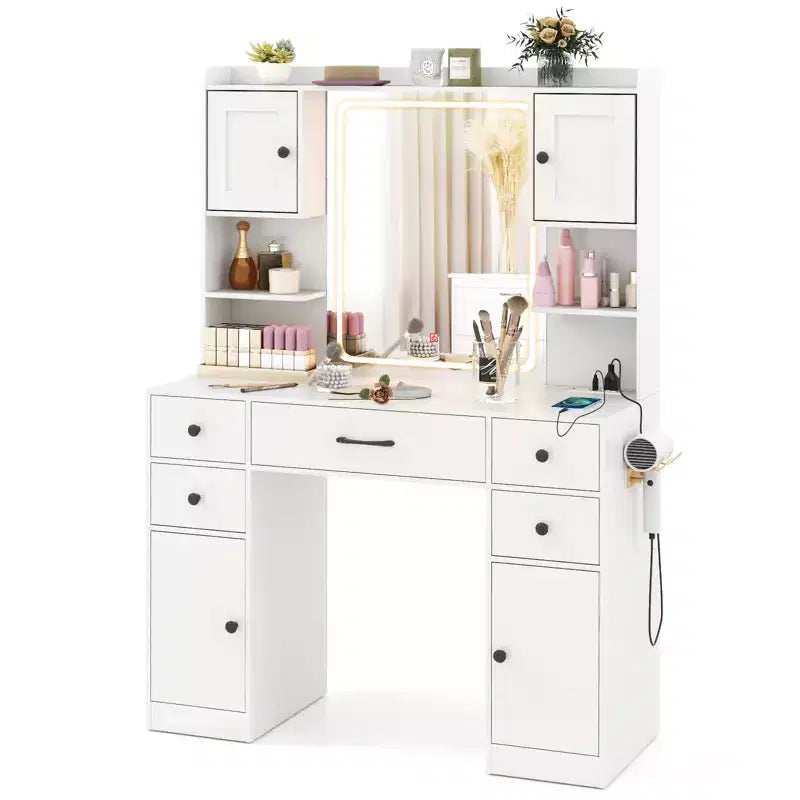 Costway Makeup Vanity Desk w/ Lighted Mirror Charging Station 3-Color Dimmable LED Lights