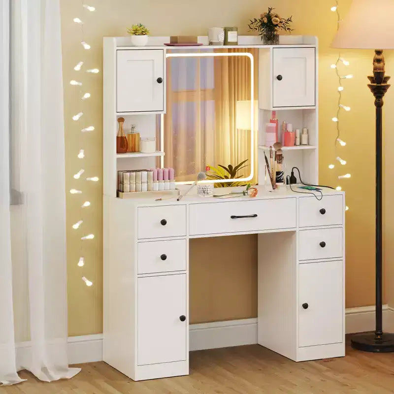 Costway Schminktisch mit beleuchtetem Spiegel, Ladestation und dimmbarer LED-Beleuchtung in 3 Lichtfarben