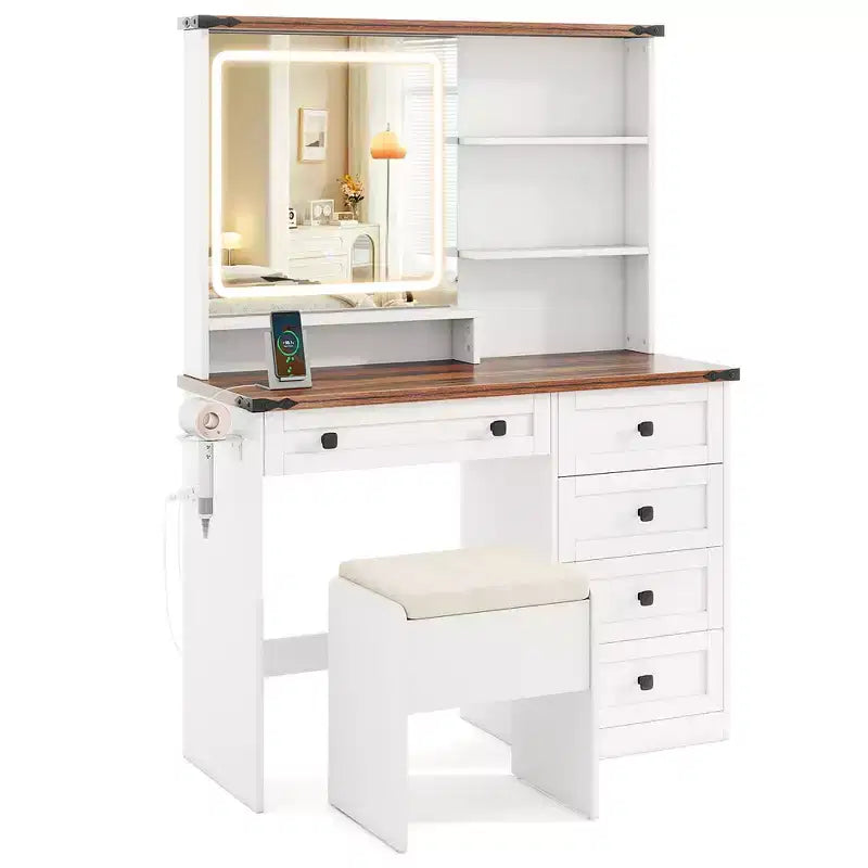 Costway Farmhouse Vanity Set w/ Mirror and Lights Dressing Table & Chair Set