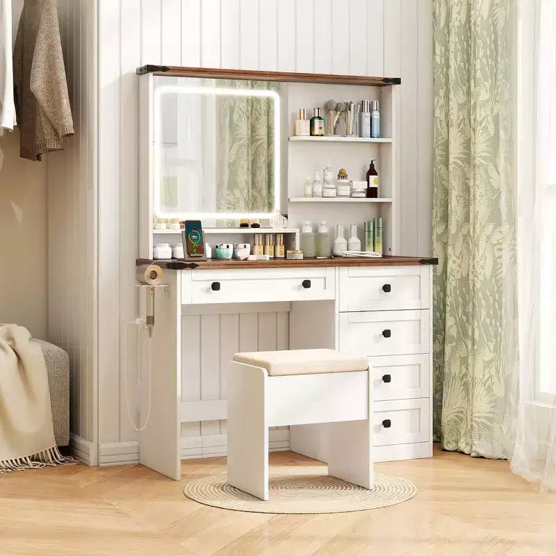 Schminktisch-Set im Landhausstil von Costway mit Spiegel und Beleuchtung, Frisiertisch- und Stuhl-Set