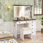 Schminktisch-Set im Landhausstil von Costway mit Spiegel und Beleuchtung, Frisiertisch- und Stuhl-Set