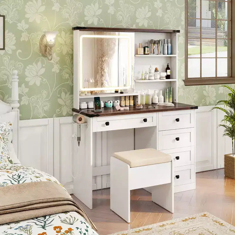Schminktisch-Set im Landhausstil von Costway mit Spiegel und Beleuchtung, Frisiertisch- und Stuhl-Set