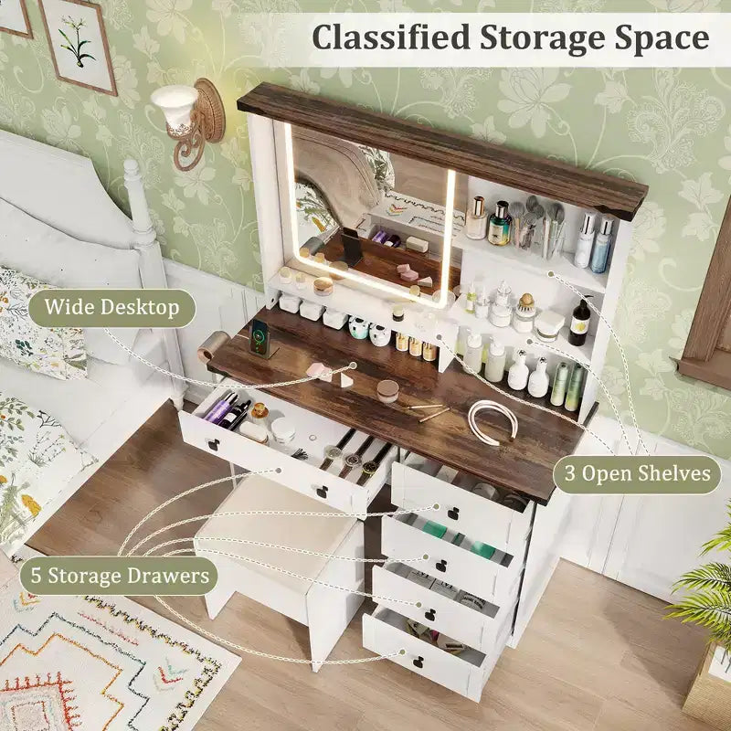 Schminktisch-Set im Landhausstil von Costway mit Spiegel und Beleuchtung, Frisiertisch- und Stuhl-Set