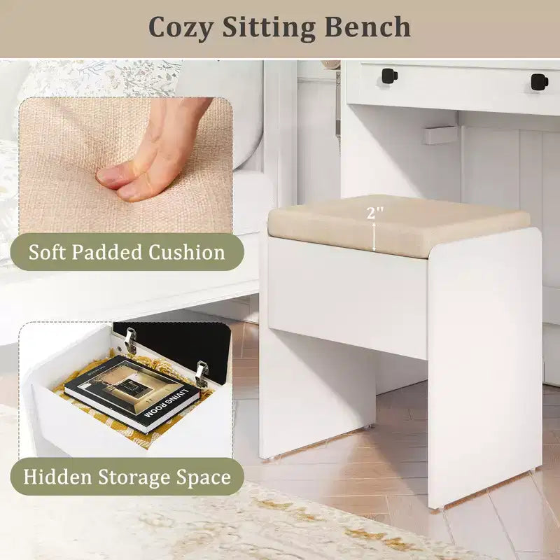 Schminktisch-Set im Landhausstil von Costway mit Spiegel und Beleuchtung, Frisiertisch- und Stuhl-Set