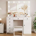 55 Makeup Vanity Desk with Mirror and Lights, Large Wooden Dressing Table with 7 Drawers & Cabinet, Modern Makeup Vanity Table for Bedroom