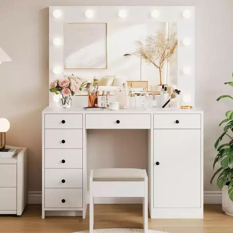 55 Makeup Vanity Desk with Mirror and Lights, Large Wooden Dressing Table with 7 Drawers & Cabinet, Modern Makeup Vanity Table for Bedroom