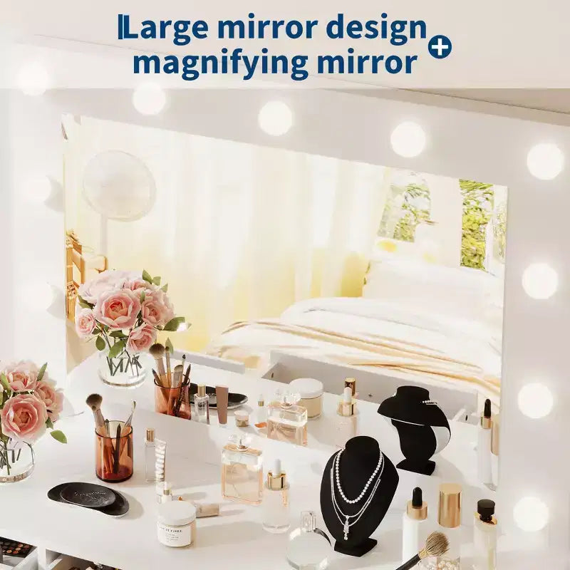55 Makeup Vanity Desk with Mirror and Lights, Large Wooden Dressing Table with 7 Drawers & Cabinet, Modern Makeup Vanity Table for Bedroom