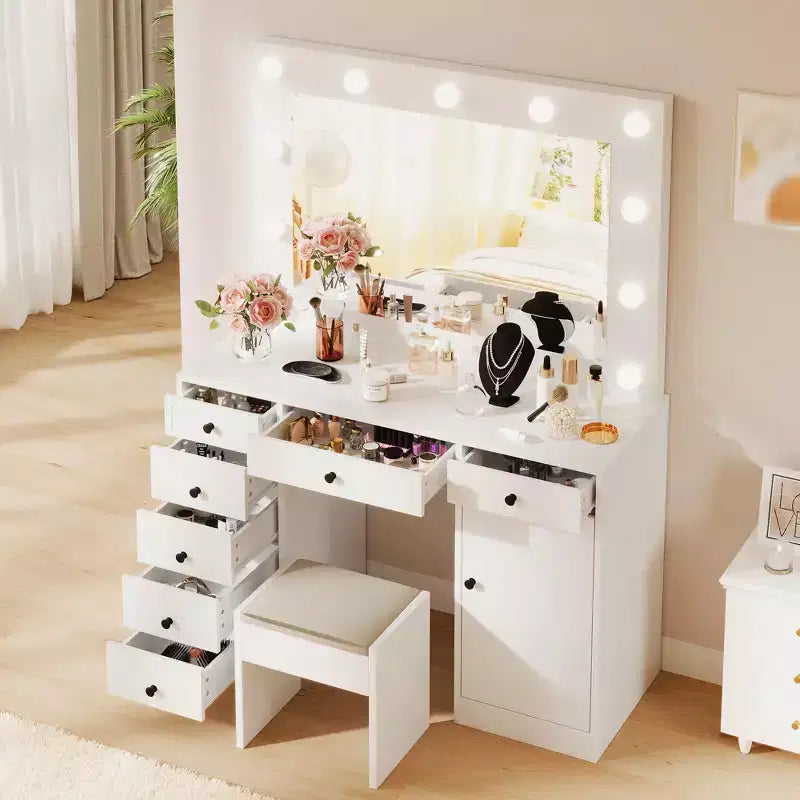 55 Schminktisch mit Spiegel und Beleuchtung, großer hölzerner Frisiertisch mit 7 Schubladen und Schrank, moderner Schminktisch fürs Schlafzimmer