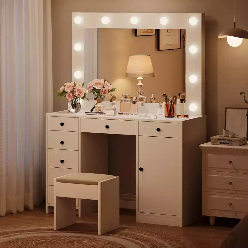 55 Schminktisch mit Spiegel und Beleuchtung, großer hölzerner Frisiertisch mit 7 Schubladen und Schrank, moderner Schminktisch fürs Schlafzimmer