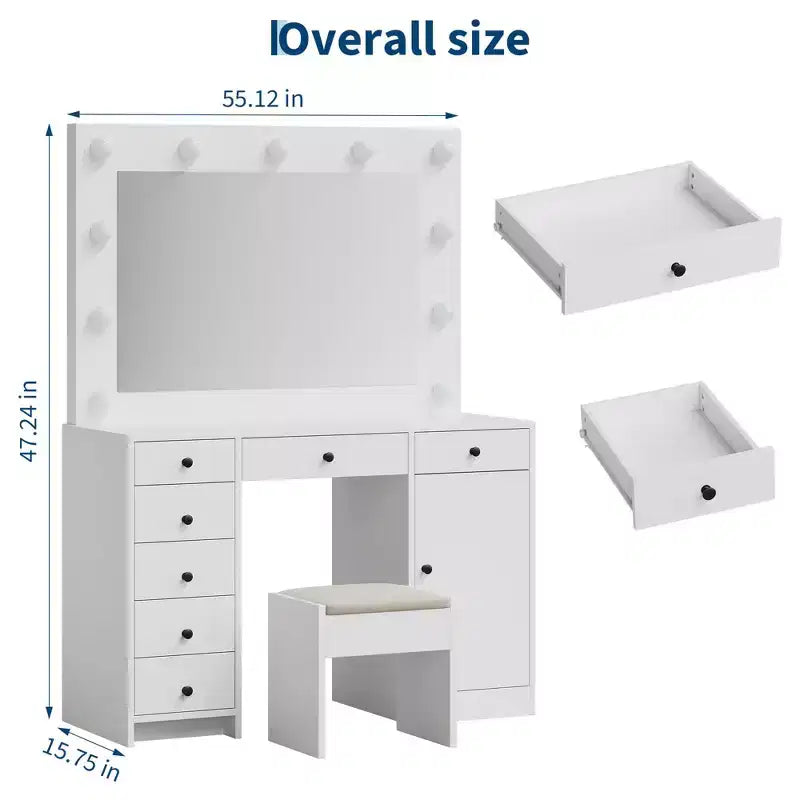 55 Schminktisch mit Spiegel und Beleuchtung, großer hölzerner Frisiertisch mit 7 Schubladen und Schrank, moderner Schminktisch fürs Schlafzimmer