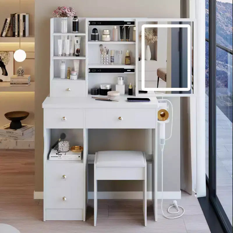 Okak moderne Schminkkommode mit gepolstertem Hocker, Schminktisch mit Spiegel und 5 Schubladen, kompakte Schminkkommode mit 6 Ablagefächern für Schlafzimmer und Wohnzimmer