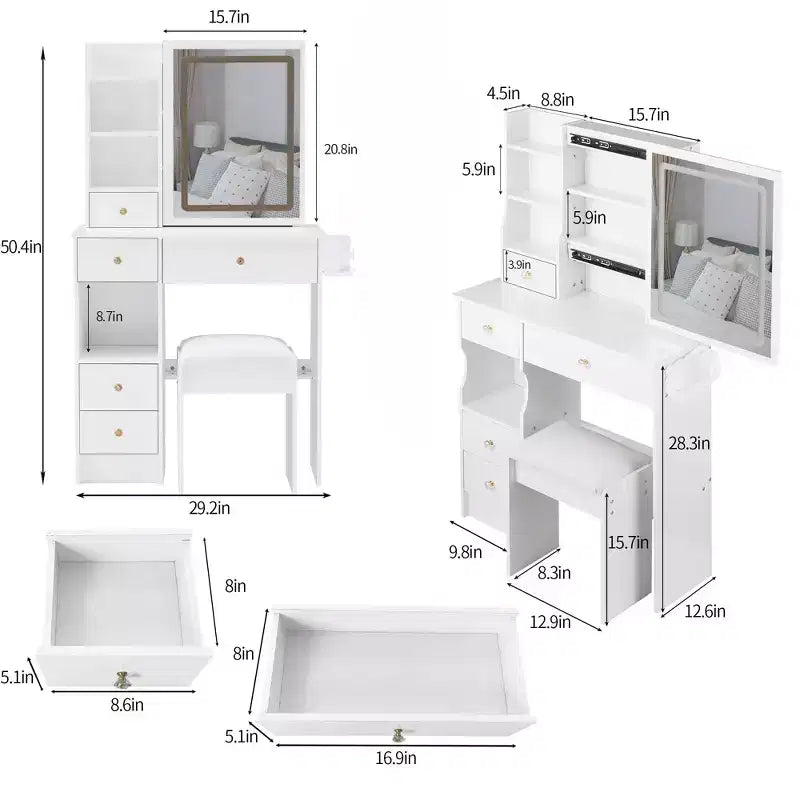 Okak moderne Schminkkommode mit gepolstertem Hocker, Schminktisch mit Spiegel und 5 Schubladen, kompakte Schminkkommode mit 6 Ablagefächern für Schlafzimmer und Wohnzimmer