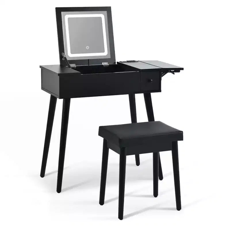 Okak Modern Vanity Desk with Flip Top Mirror, Makeup Table with Charging Station and Fold-up Panel, Compact Vanity for Bedroom, Black
