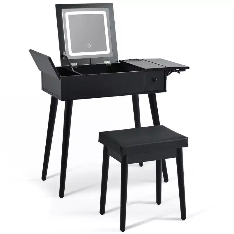 Okak Modern Vanity Desk with Flip Top Mirror, Makeup Table with Charging Station and Fold-up Panel, Compact Vanity for Bedroom, Black