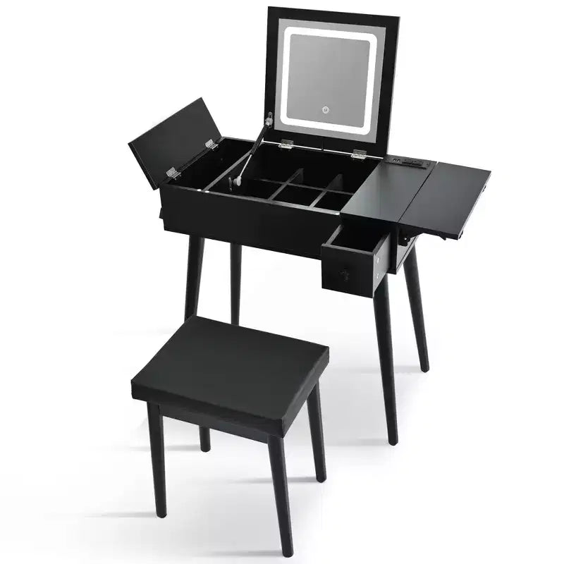 Okak Modern Vanity Desk with Flip Top Mirror, Makeup Table with Charging Station and Fold-up Panel, Compact Vanity for Bedroom, Black