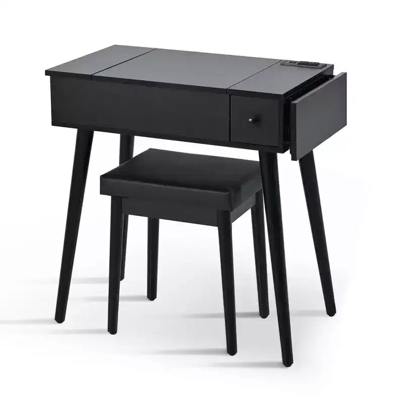 Okak Modern Vanity Desk with Flip Top Mirror, Makeup Table with Charging Station and Fold-up Panel, Compact Vanity for Bedroom, Black