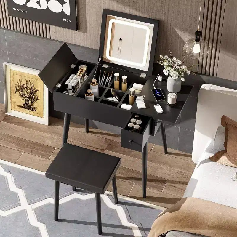 Okak Modern Vanity Desk with Flip Top Mirror, Makeup Table with Charging Station and Fold-up Panel, Compact Vanity for Bedroom, Black
