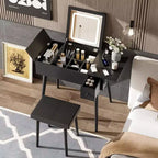 Okak Modern Vanity Desk with Flip Top Mirror, Makeup Table with Charging Station and Fold-up Panel, Compact Vanity for Bedroom, Black